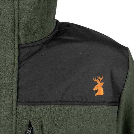Spika Highpoint men's zip-through jacket in Olive, close-up of the orange deer logo on the yoke