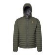Spika Chase men's hooded puffer jacket in Olive with quilted body and orange chest logo, front view