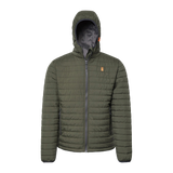 Spika Chase men's hooded puffer jacket in Olive with quilted body and orange chest logo, front view