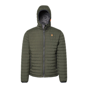 Spika Chase men's hooded puffer jacket in Olive with quilted body and orange chest logo, front view