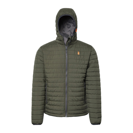 Spika Chase men's hooded puffer jacket in Olive with quilted body and orange chest logo, front view