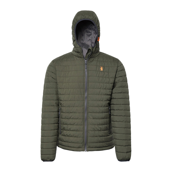 Spika Chase men's hooded puffer jacket in Olive with quilted body and orange chest logo, front view