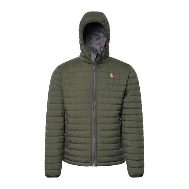 Spika Chase men's hooded puffer jacket in Olive with quilted body and orange chest logo, front view