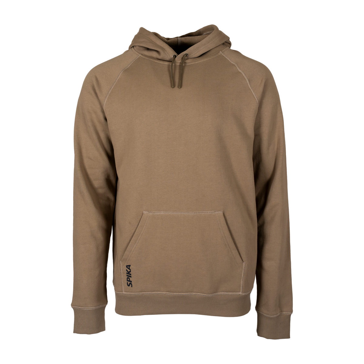 Spika GO Deer Camp men's hoodie in bone, front view with kangaroo pocket and SPIKA hem print