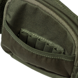Spika Drover II Waist Pack in Olive Summit, close-up of open zip pocket with elastic cartridge loops