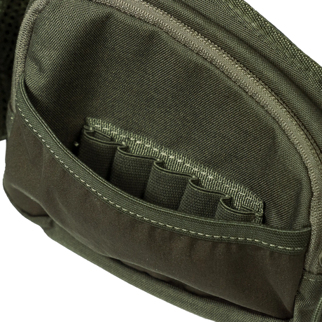 Spika Drover II Waist Pack in Olive Summit, close-up of open zip pocket with elastic cartridge loops