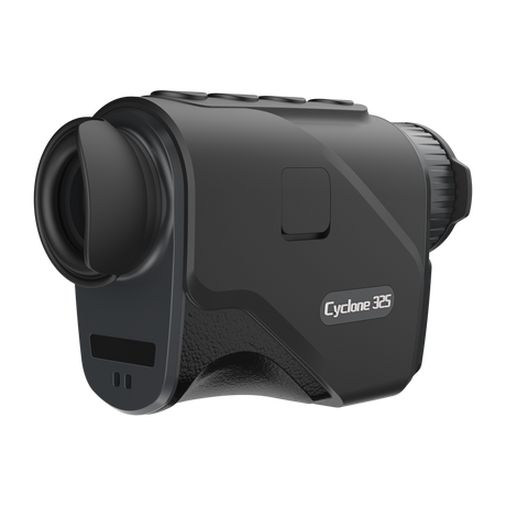 ThermTec Cyclone 325 thermal monocular, rear three-quarter view of eyecup and model label