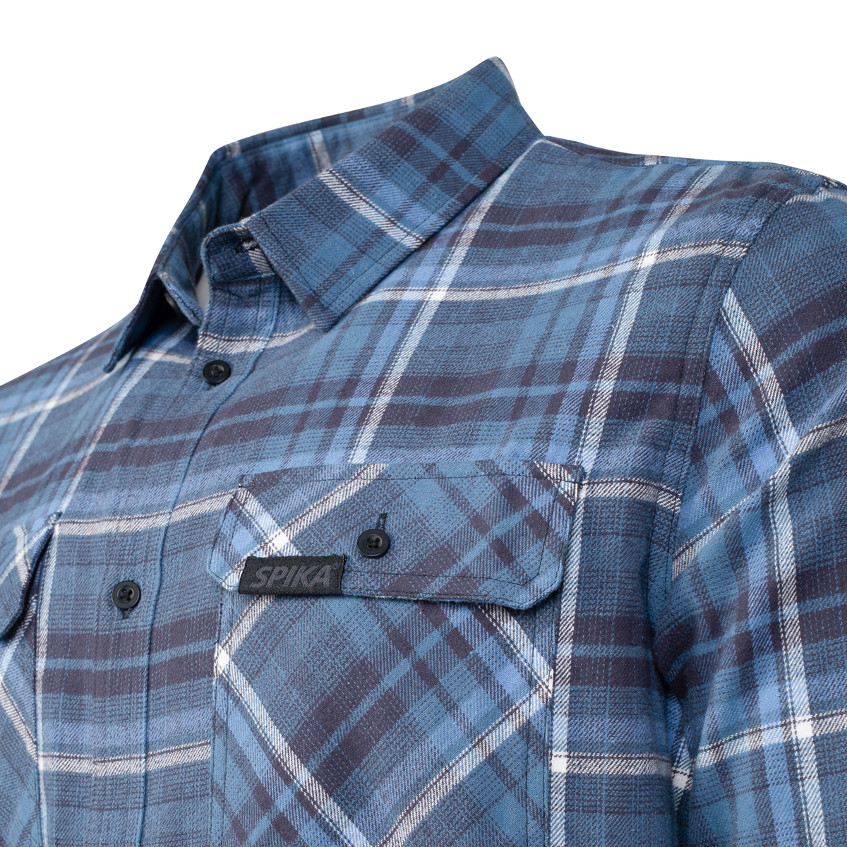 Spika men's Blue/Black flannel check shirt close-up of the collar and flap pocket with Spika badge