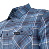 Spika men's Blue/Black flannel check shirt close-up of the collar and flap pocket with Spika badge