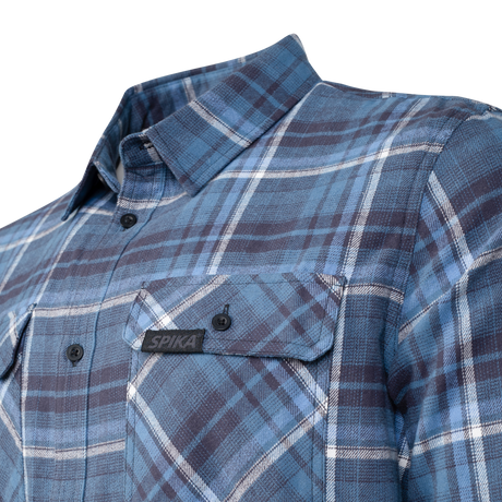 Spika men's Blue/Black flannel check shirt close-up of the collar and flap pocket with Spika badge