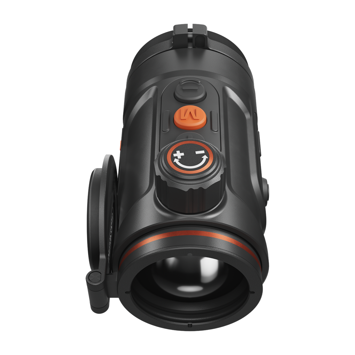 ThermTec Hunt Pro 635 thermal clip-on, top view of rotary dial and buttons with lens cap open