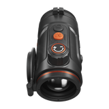 ThermTec Hunt Pro 635 thermal clip-on, top view of rotary dial and buttons with lens cap open