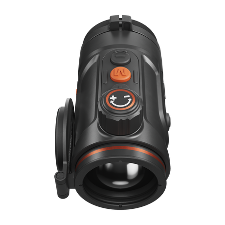 ThermTec Hunt Pro 635 thermal clip-on, top view of rotary dial and buttons with lens cap open