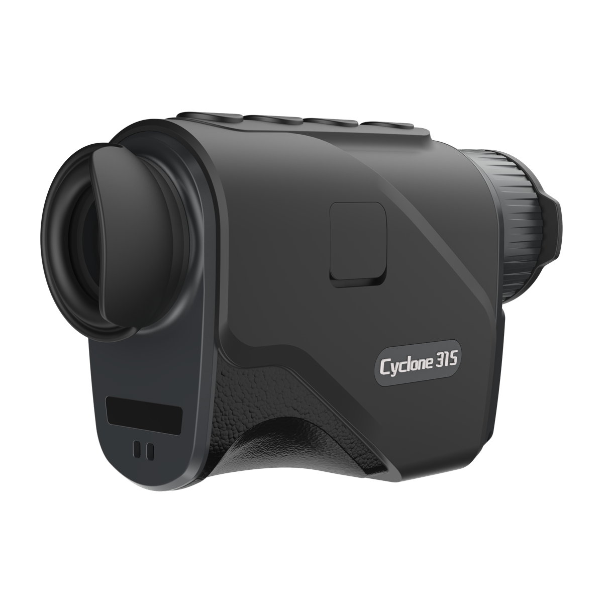 ThermTec Cyclone 315 thermal monocular, rear three-quarter view of eyecup and model label