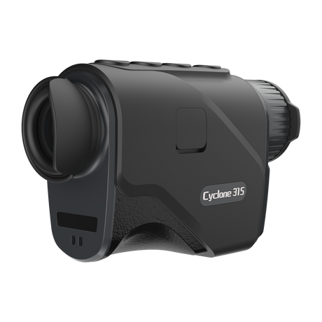 ThermTec Cyclone 315 thermal monocular, rear three-quarter view of eyecup and model label