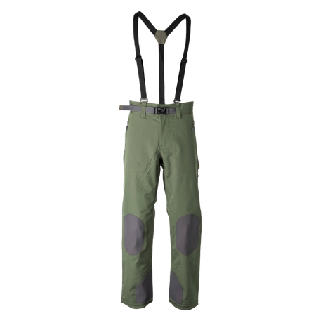 Spika Frontier men's Olive pants with adjustable braces and grey knee patches, front view