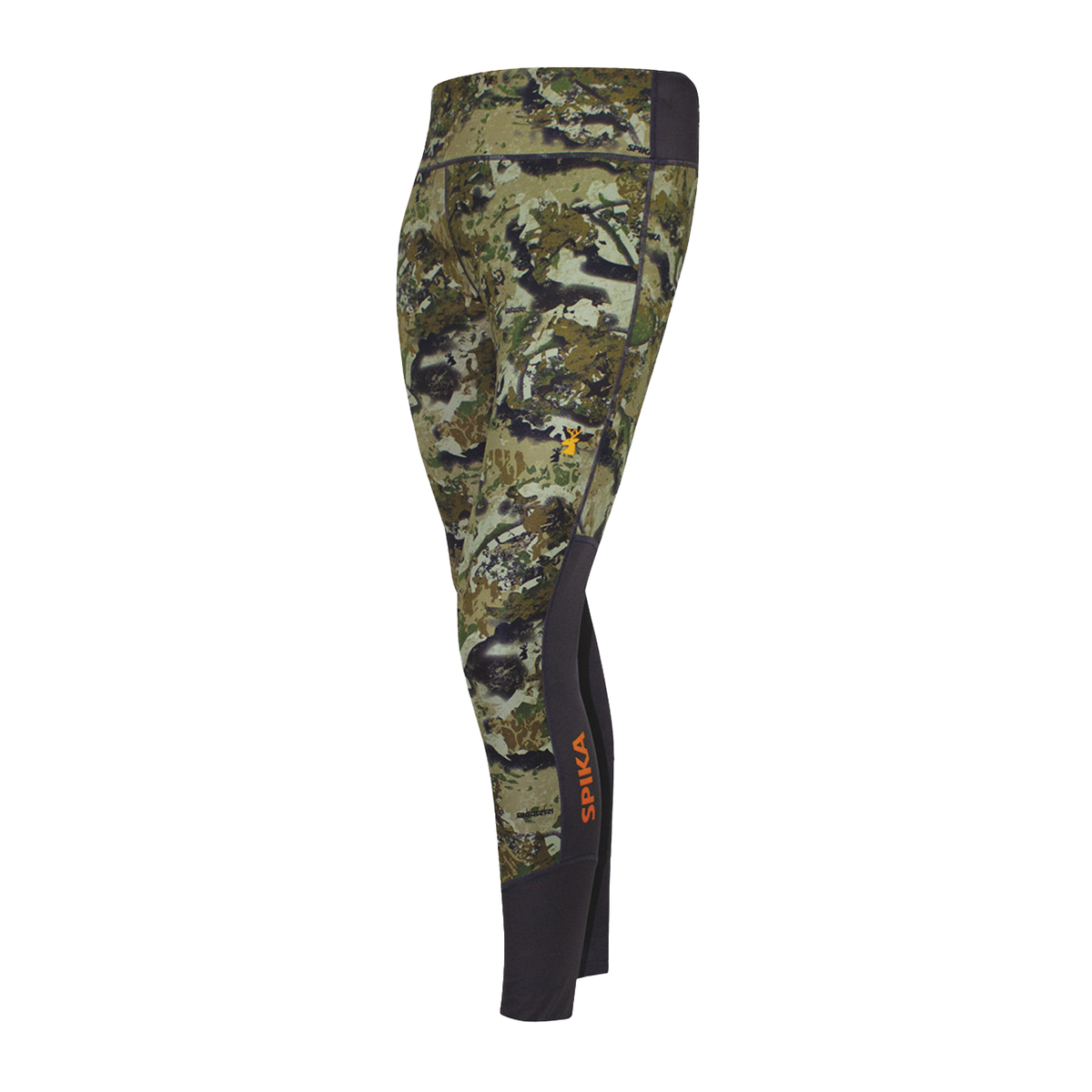 Spika Echo women's Biarri Camo activewear pants, side view with orange Spika print down the leg