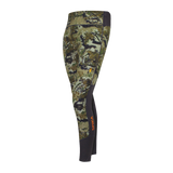 Spika Echo women's Biarri Camo activewear pants, side view with orange Spika print down the leg
