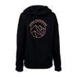 Spika GO Contour women's hoodie in black, back view with pink Spika Outdoors mountain circle print