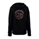 Spika GO Contour women's hoodie in black, back view with pink Spika Outdoors mountain circle print