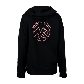 Spika GO Contour women's hoodie in black, back view with pink Spika Outdoors mountain circle print