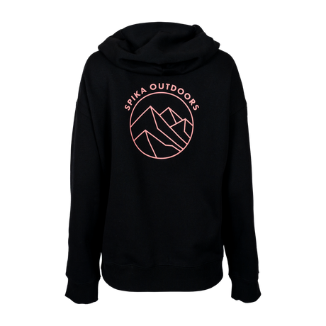Spika GO Contour women's hoodie in black, back view with pink Spika Outdoors mountain circle print