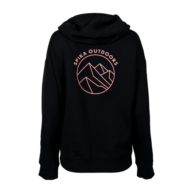 Spika GO Contour women's hoodie in black, back view with pink Spika Outdoors mountain circle print
