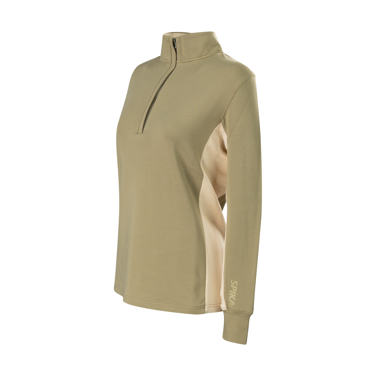 Spika GO AVP women's olive half-zip, three-quarter view with cream side panel and SPIKA sleeve print