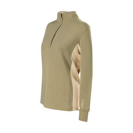 Spika GO AVP women's olive half-zip, three-quarter view with cream side panel and SPIKA sleeve print
