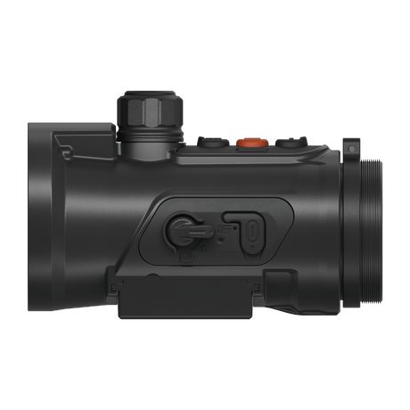 ThermTec Hunt Pro 635L thermal clip-on, side profile showing power switch, buttons and rail mount