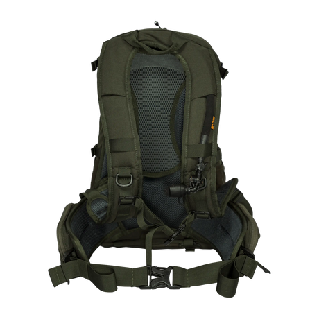 Spika Drover II Pro Pack 25L in Olive Summit, back view showing hydration hose port and padded hip belt