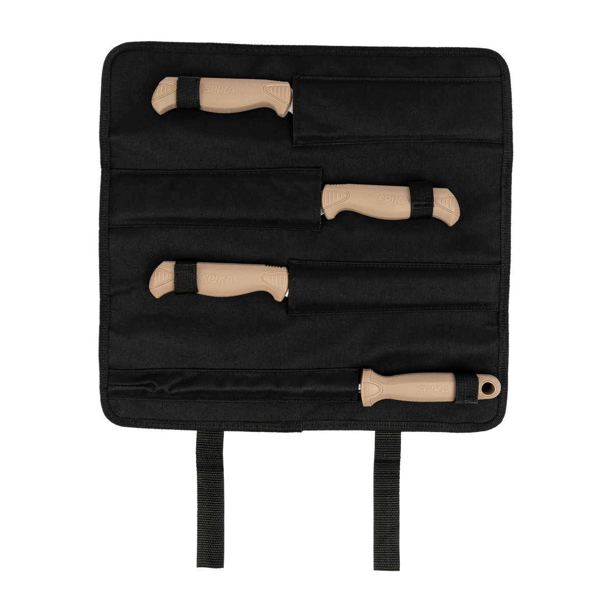 Spika Fieldcraft Cervitaur knife roll open with blades stowed in sleeves and handles strapped in place