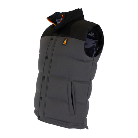 Spika GO Casual men's grey puffer vest, three-quarter view showing black shoulders and hand pocket