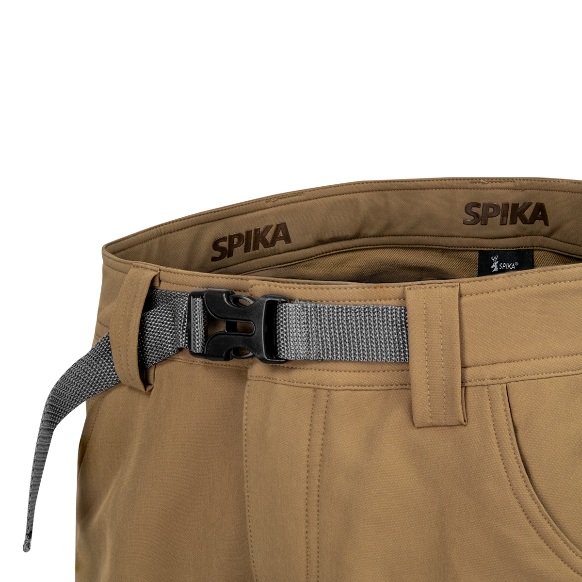 Spika Recon men's pants in Khaki, close-up of Spika-branded waistband and webbing belt buckle