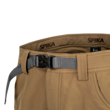 Spika Recon men's pants in Khaki, close-up of Spika-branded waistband and webbing belt buckle