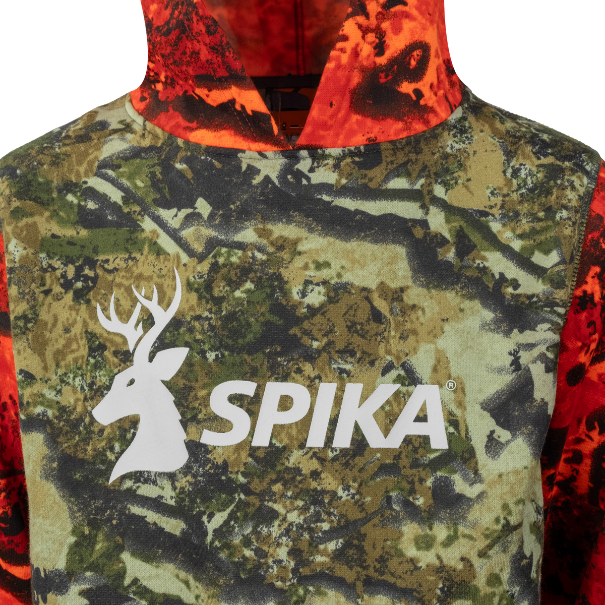 Close-up of the white stag SPIKA chest print on the Spika GO Classic V2 kids' Biarri Blaze hoodie