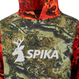 Close-up of the white stag SPIKA chest print on the Spika GO Classic V2 kids' Biarri Blaze hoodie