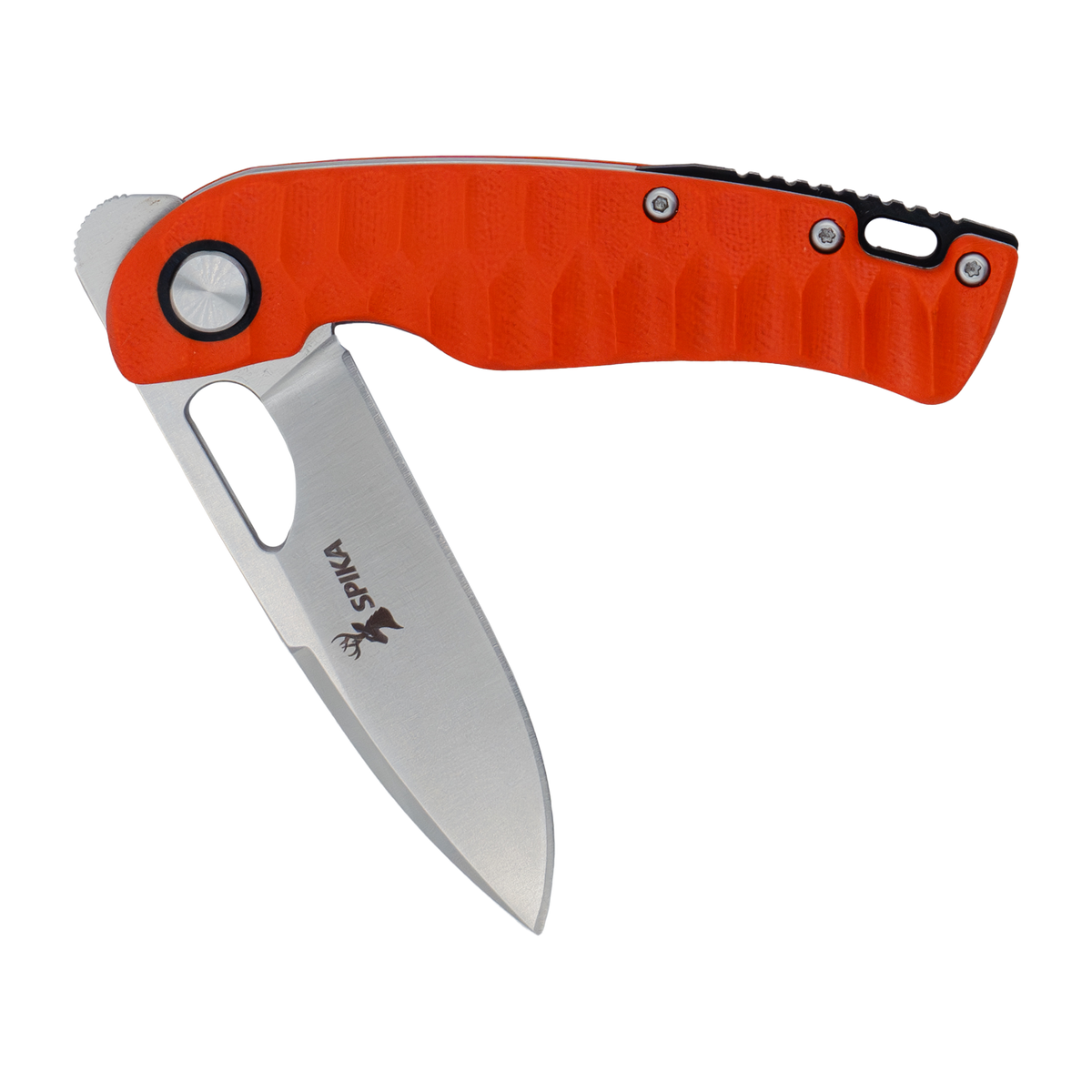 Spika Bushmaster Tango folding knife partly opened, showing pivot, thumb hole and Spika blade logo