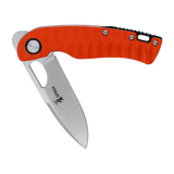 Spika Bushmaster Tango folding knife partly opened, showing pivot, thumb hole and Spika blade logo