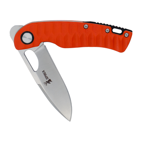 Spika Bushmaster Tango folding knife partly opened, showing pivot, thumb hole and Spika blade logo