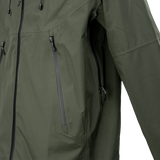 Spika Edge men's Olive jacket close-up of the waterproof front zip, chest pocket and pit zip