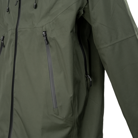 Spika Edge men's Olive jacket close-up of the waterproof front zip, chest pocket and pit zip