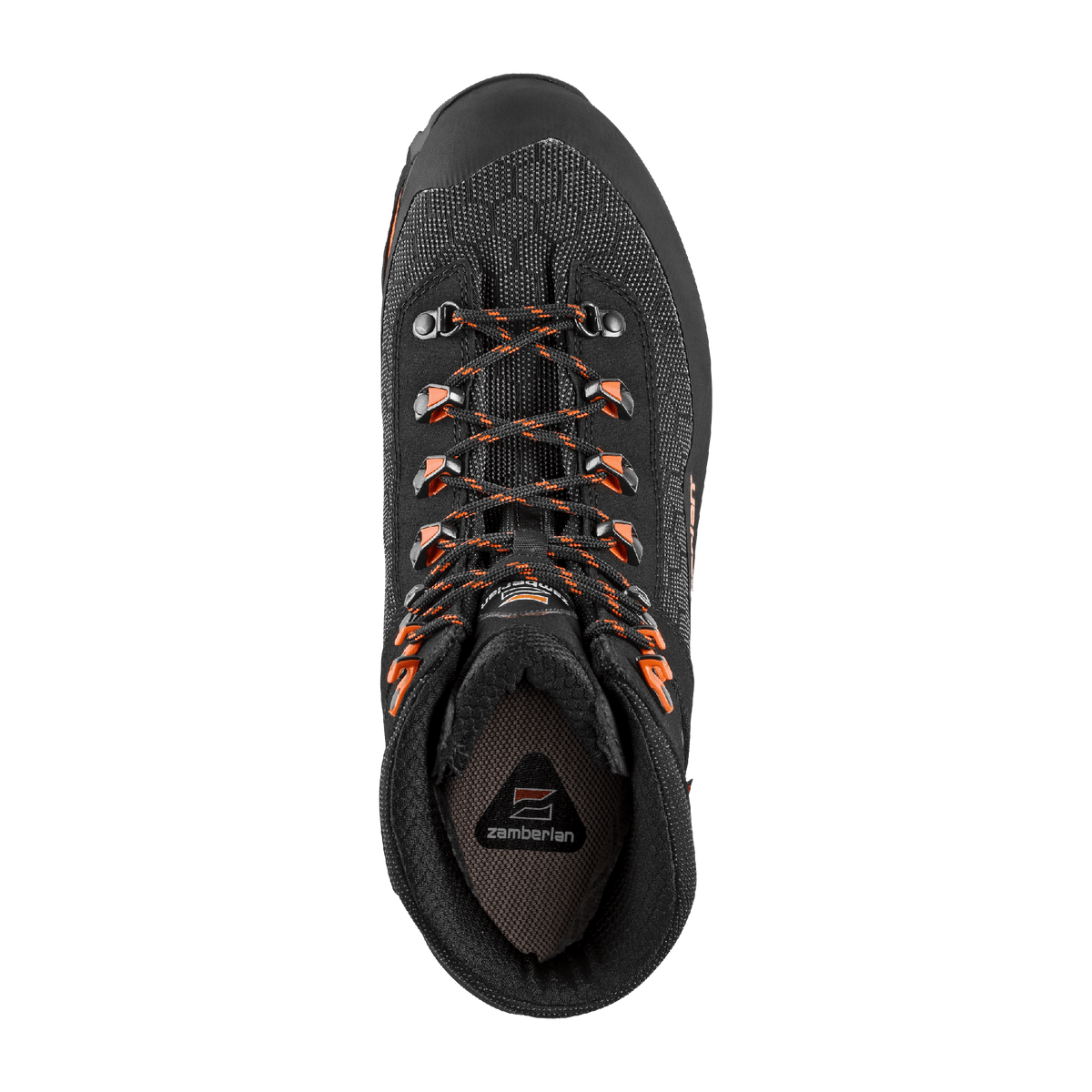 Zamberlan 3034 Seiland GTX RR men's hiking boot in black and orange, top-down view of lacing and insole