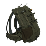 Spika Drover II Pro Pack 25L in Olive Summit, side view with mesh pocket, compression straps and hip belt