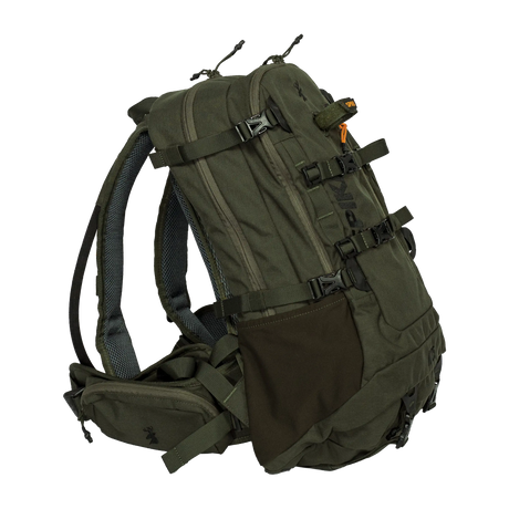 Spika Drover II Pro Pack 25L in Olive Summit, side view with mesh pocket, compression straps and hip belt