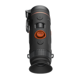 ThermTec Wild 325 thermal monocular, top view of controls with eyecup and flipped-up lens cap