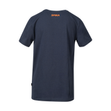 Spika GO Seeker kids' T-shirt in navy, back view with small orange SPIKA logo below the neck