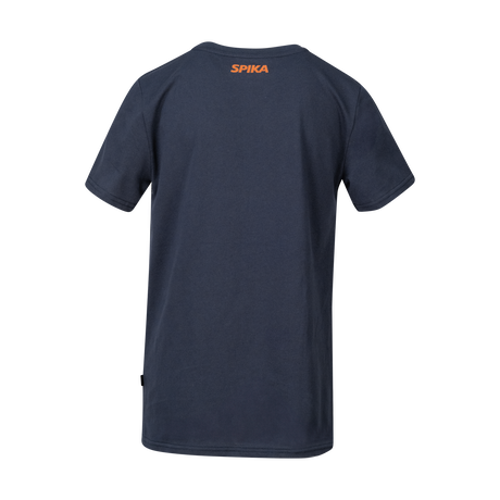 Spika GO Seeker kids' T-shirt in navy, back view with small orange SPIKA logo below the neck