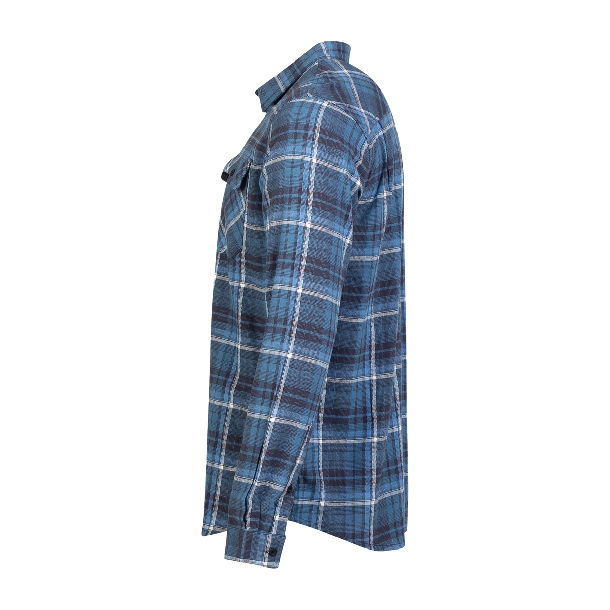 Spika men's Blue/Black flannel check shirt, side profile view showing the sleeve and cuff