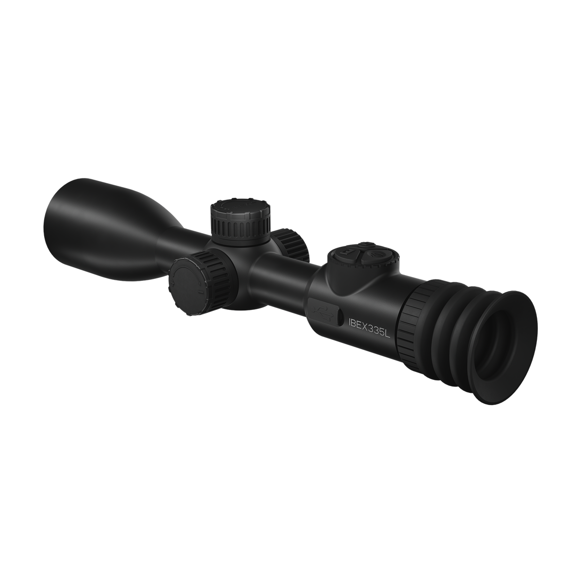ThermTec IBEX 335L thermal tube scope, rear three-quarter view of eyecup and IBEX335L model marking